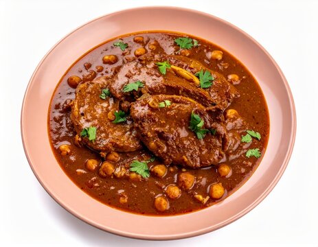 Lucknowi Mutton Pasanda Curry On Yellow Rose Plate Isolated On White Background