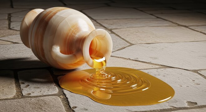 An ancient style alabaster vessel resting on its side as viscous golden liquid spills onto a rustic stone floor under soft ambient light, traditional, viscous, rustic