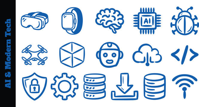 Hand-drawn icons of modern technology, virtual reality headset, robotic brain, drone, cloud computing, and digital security components in outline