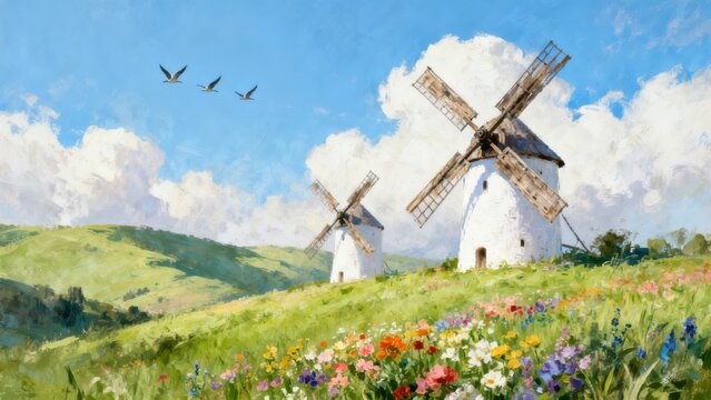 Windmills in a Flower Field