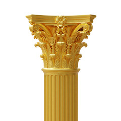 Obraz premium Ornate golden Corinthian column capital with fluted shaft and acanthus scrollwork, isolated on white transparent