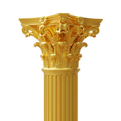 Obraz premium Ornate gold Corinthian column capital with acanthus leaves and a fluted shaft, isolated on white transparent for classical design