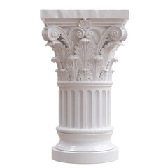 Obraz premium Glossy white Corinthian column capital with acanthus leaves, scroll volutes, and a fluted shaft, isolated on white transparent