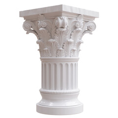 Obraz premium Glossy white Corinthian column capital with fluted shaft, acanthus leaves and scrollwork, isolated on white transparent for architectural design