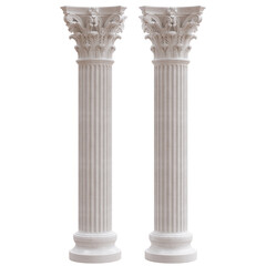 Obraz premium Two ornate Corinthian marble columns with fluted shafts and carved acanthus capitals stand isolated on white transparent