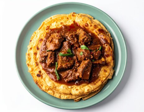 Madurai Kari Parotta Mutton Gravy On Sage Green Plate Isolated On White Background
