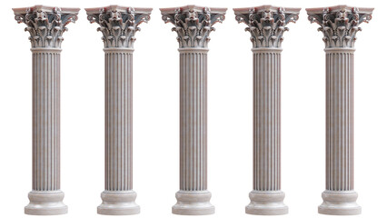 Obraz premium Five ornate Corinthian marble columns with fluted shafts and carved acanthus capitals stand isolated on white transparent
