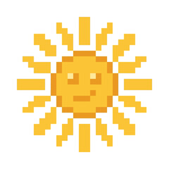 Fototapeta premium Pixel art smiling sun character.