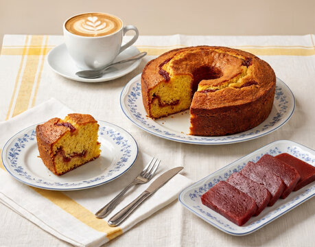 Bolo de fub&aacute; com goiabada servido com x&iacute;cara de cappuccino cremoso em mesa posta de caf&eacute; da manh&atilde;