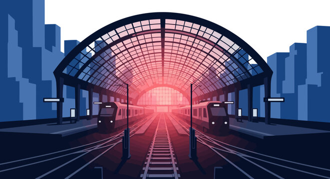 Modern train station with two trains on tracks at sunset.