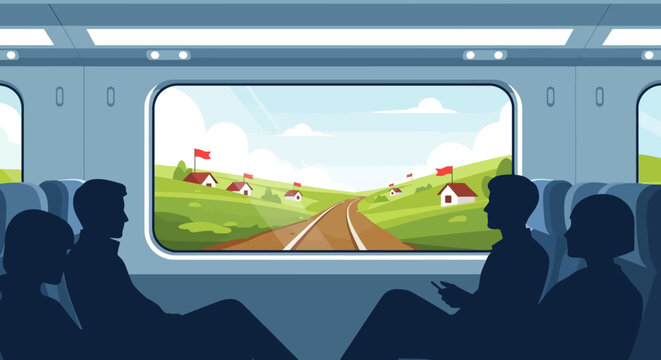 Silhouettes of passengers inside a train looking out the window.