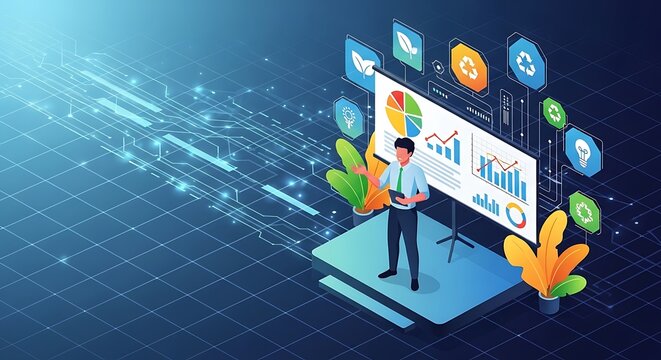 Businessman presenting data on screen with graphs.