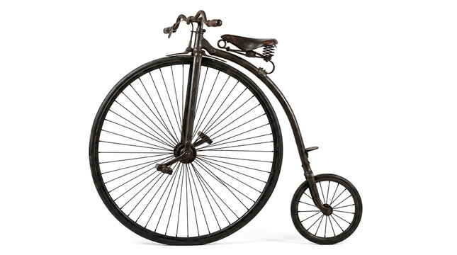 Authentic historical high wheel bicycle side view, showcasing the primitive pedal drive and unique geometry of a late 1800s transport vehicle used by early cyclists and Victorian gentlemen.
