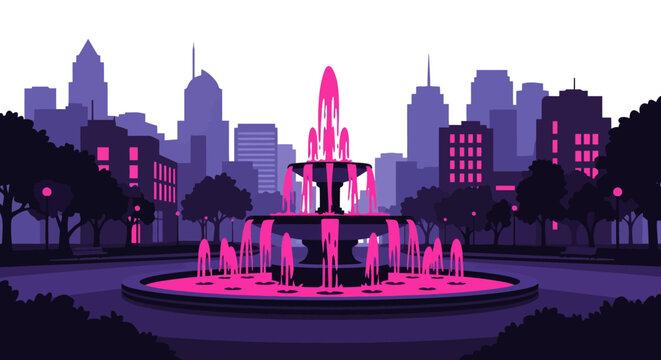 Vibrant pink illuminated fountain in a city park at dusk.