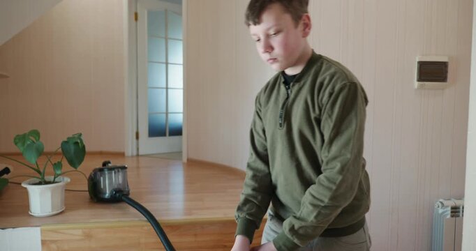 Caucasian Boy Kid Vacuum Hallway Corridor in House. 4K 10-bit