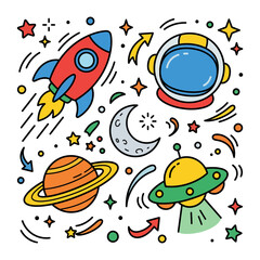 Fototapeta premium Rockets, Planets, and UFOs in a Colorful Cosmic Illustration