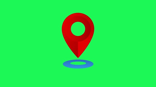 Red map pointer location pin icon hovering over a blue shadow isolated on a green screen background chroma key