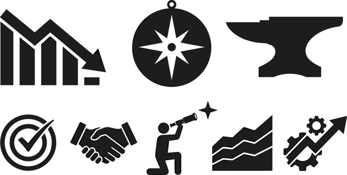 Vector silhouette icon set for business strategy, financial growth, corporate partnership, vision, and manufacturing success