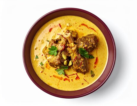 Mughlai Mutton Badami Korma In Deep Plum Bowl Isolated On White Background