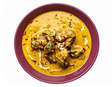 Mughlai Mutton Badami Korma In Deep Plum Bowl Isolated On White Background