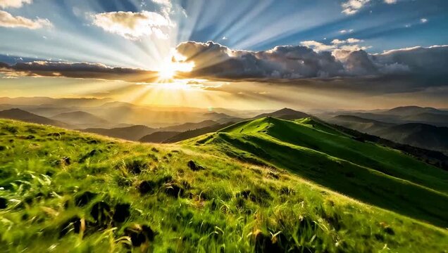 Stunning view of sunbeams breaking through clouds above lush green mountain ridges at dawn, creating a majestic and serene landscape.