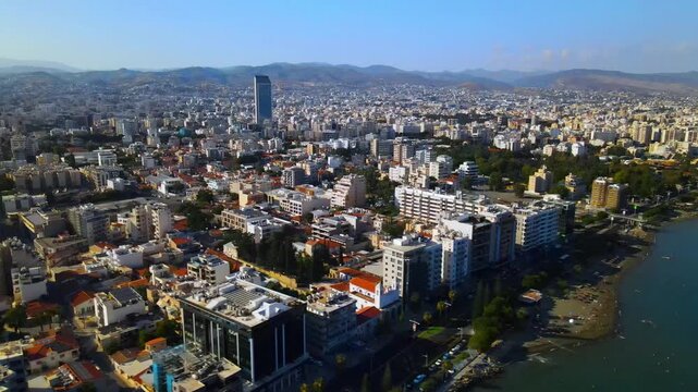 Beautiful Aerial View of Molos Seafront Promenade and Limassol City on the Mediterranean Coast, Cyprus