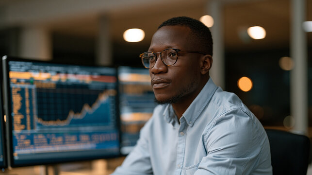 AI algorithmic trading system executing hundreds of simultaneous equity orders shown on multi-screen financial terminal in empty trading floor at night, graph lines spiking