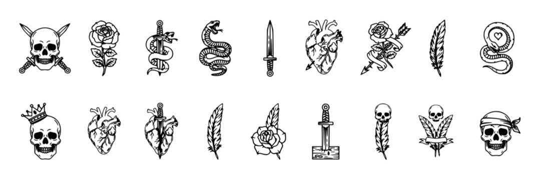 Tattoo Designs Featuring Skulls, Roses, Snakes, Hearts, Daggers, and Feathers in a Collection of 18 Icons