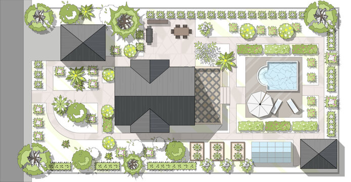 Top view landscape design plan with house, courtyard, lawn, garage. Highly detailed plan of country with modern cottage of villa with pond, pool. Vector illustration of Cityscape, Map of town, village