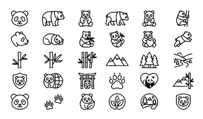 Fototapeta premium Animal Nature and Travel Outline Icon Collection Featuring Panda Bear Mountains Temple and Wildlife Elements