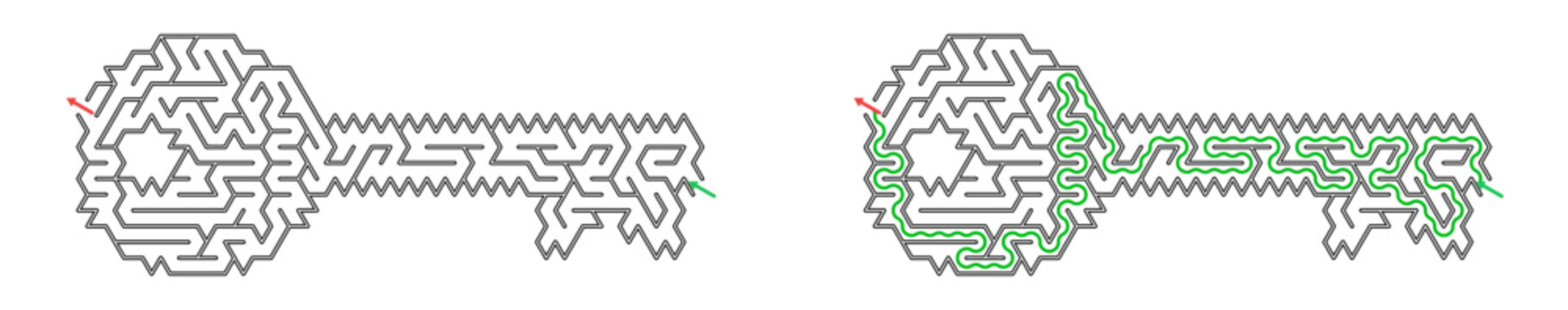 Vector maze designed in the shape of a key with visible solution  