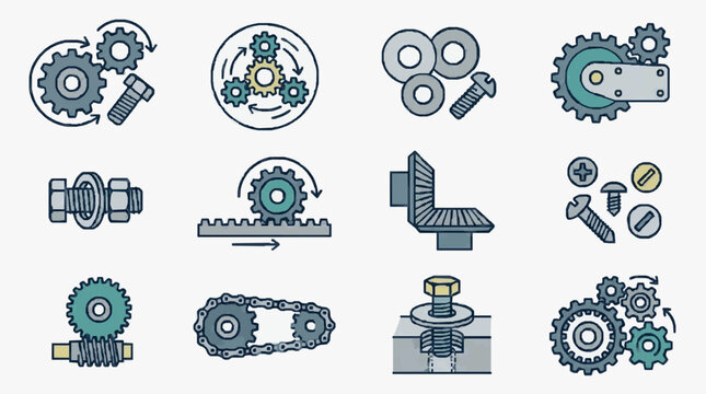 Collection of mechanical engineering components and gears.