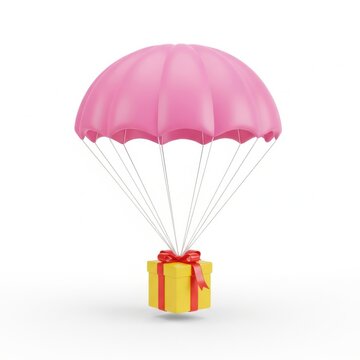 Pink parachute with yellow gift box floating