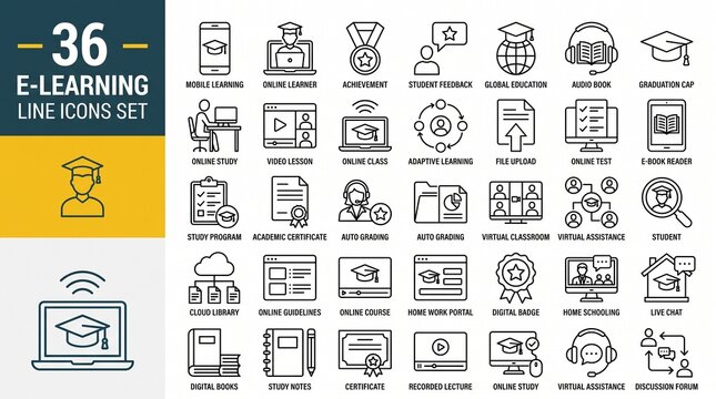 A collection of E-Learning icons set with editable stroke, including mobile learning, achievment, student feedback, global education, audio book, graduation cap, etc. Thin linear vector illustration