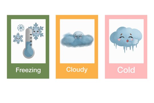 Cute winter weather flashcards for kids. Educational printable cards with freezing, foggy cloud and cold wind words. Children learning English activity.