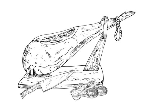 Vector whole cured ham leg on a wooden stand with knife. Graphic ink Traditional spanish jamon serrano illustration, isolated on background. Hand drawn line sketch. For designers, prints, logo, icon, 