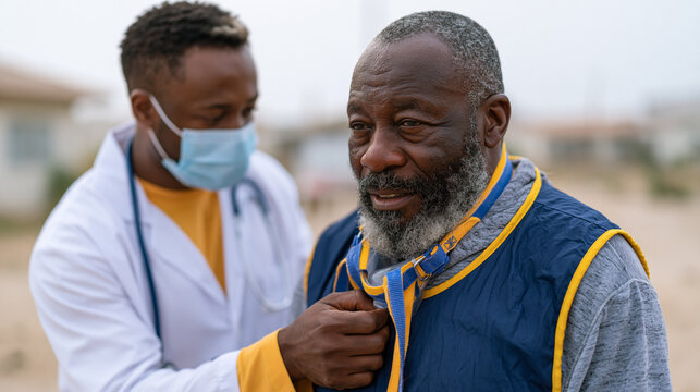 Ghanaian physiologist attaches VO2 max breathing mask to older male runner on dusty outdoor track, candid clinical moment, aging fitness predictor, maximal oxygen uptake, sports