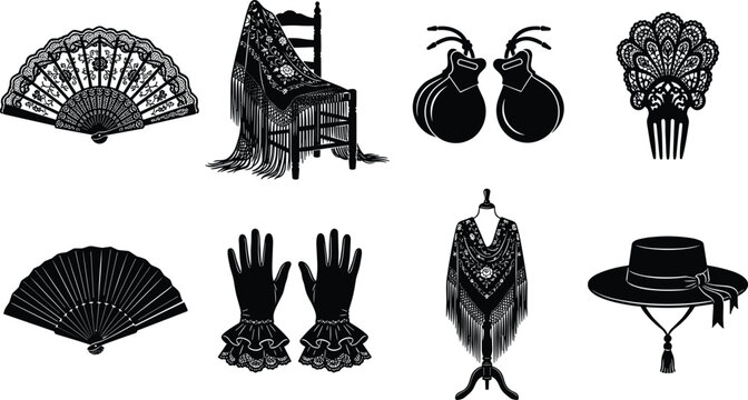 Set of traditional Spanish flamenco dance accessories including fans, shawls, castanets, and clothing items
