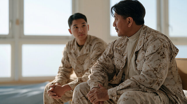 Filipino military chaplain sits beside a young soldier on a hospital ward bench, both leaning forward in low conversation, afternoon light through frosted windows softening the