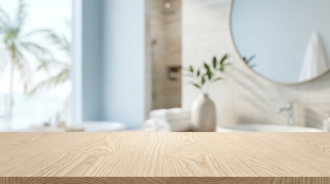 Empty Wooden Tabletop with Blurred Modern Bathroom Background for Product Display and Spa Interior Mockup Concept