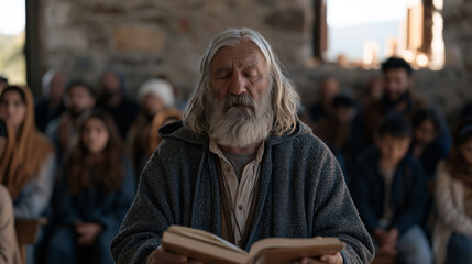 Fototapeta premium Roma community elder leads weekly prayer gathering in modest stone chapel, group dynamic wide shot of multi-generational congregation, religious practice longevity, social faith