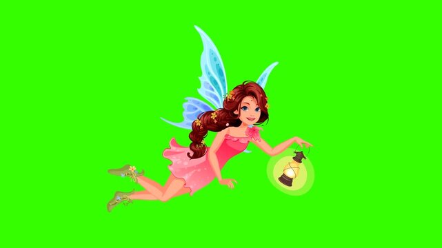 A charming animated stock footage asset featuring a beautiful cartoon fairy. The fairy has long brown braided hair, wears a pink petal dress, and has delicate blue wings. She is depicted in a smooth, 