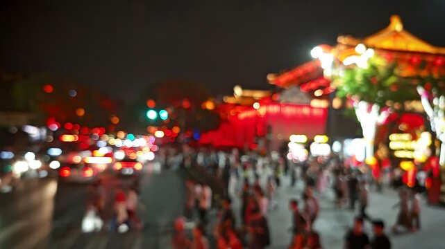 A vibrant night scene in Beijing with a mix of traditional architecture and bustling energy