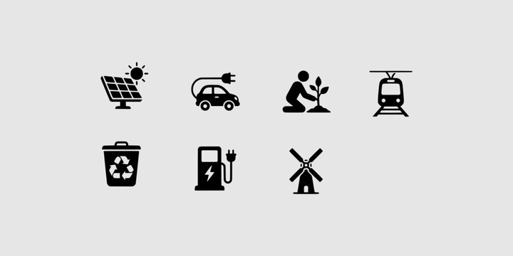 Icon set collection of renewable energy, eco-friendly transportation, solar power, electric vehicles, and sustainable planting for a greener future.
