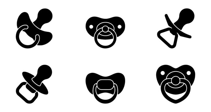 Baby pacifier icon set, black silhouette dummy and soother vector elements, collection of 6 infant nipple symbols for newborn care and nursery design