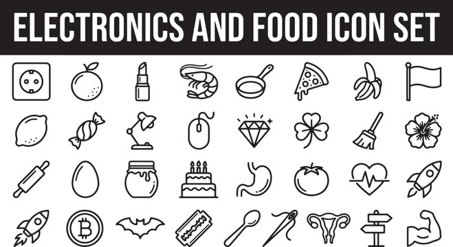 Collection of diverse outline icons featuring food electronics nature and lifestyle symbols in a minimalist vector style