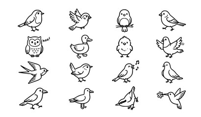 Obraz premium Hand Drawn Bird Collection with Sparrow Owl Swallow Pigeon and Flying Songbird Outline Vector Set