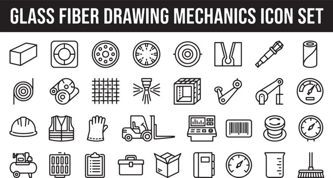 Glass fiber manufacturing and industrial production line outline icon set for technical engineering and factory process documentation