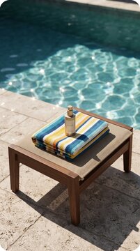 Striped towel and sunscreen bottle on wooden table by sparkling swimming pool