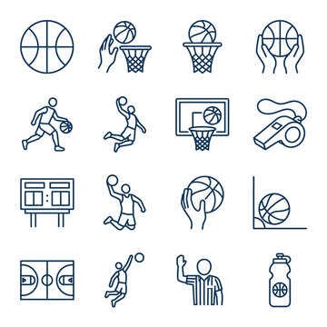 Basketball icons and symbols in line art style.